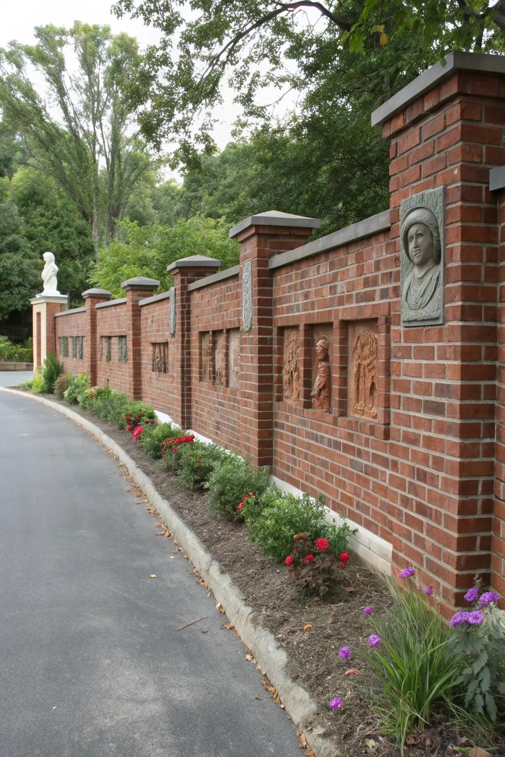 Art pieces integrated into the brick wall add a personal touch.