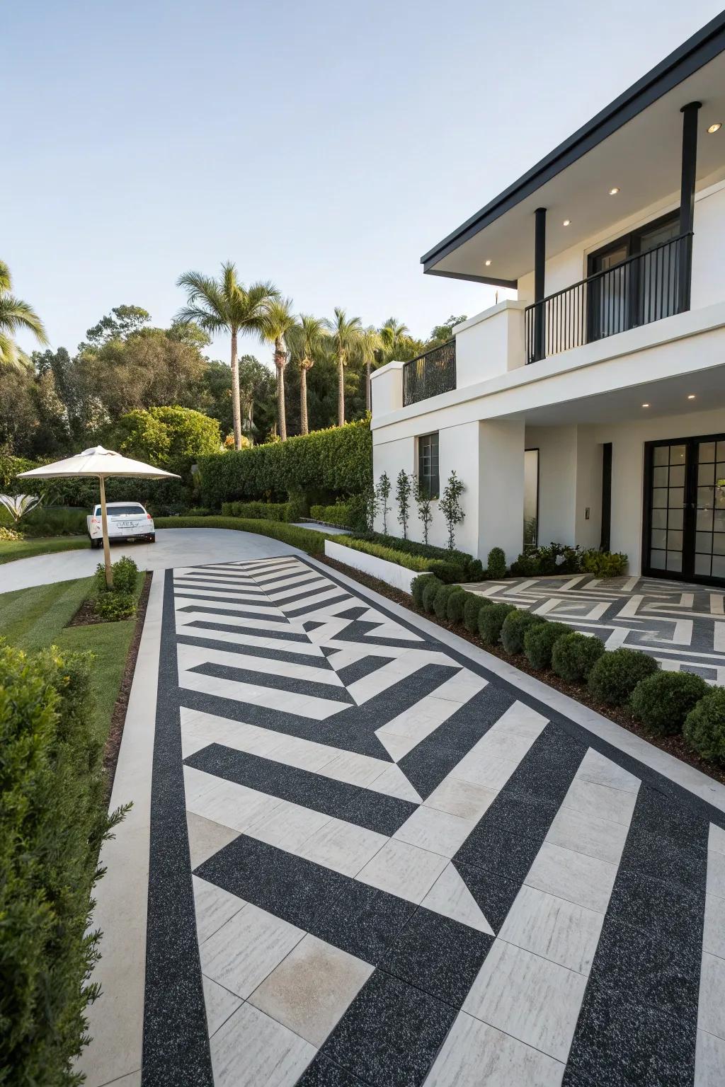 Black-and-white driveways create a striking effect.