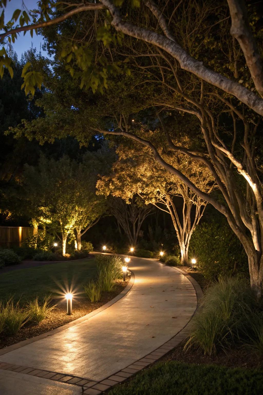 Tree-mounted downlights create a magical atmosphere.
