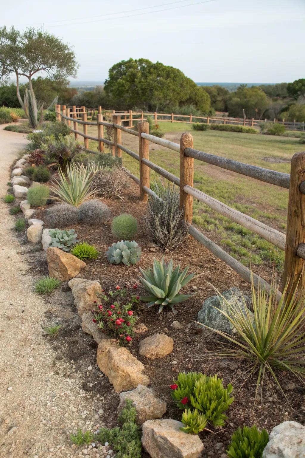 Xeriscaping creating an eco-friendly landscape with a split rail fence.
