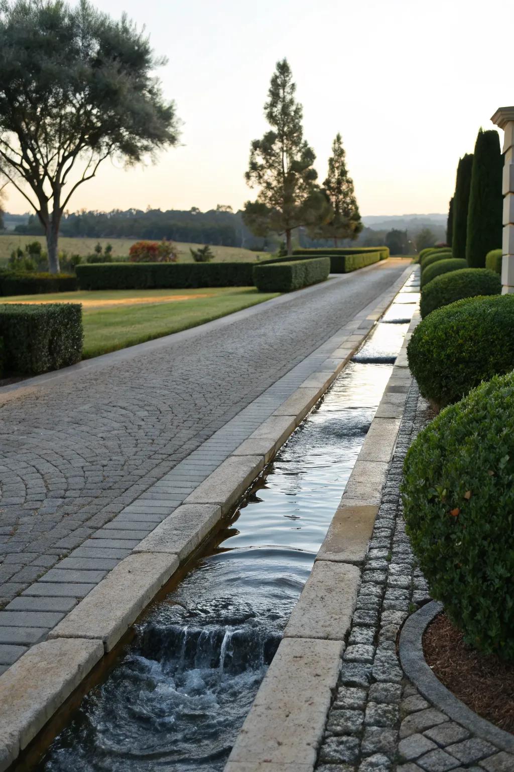 A serene driveway with integrated water features