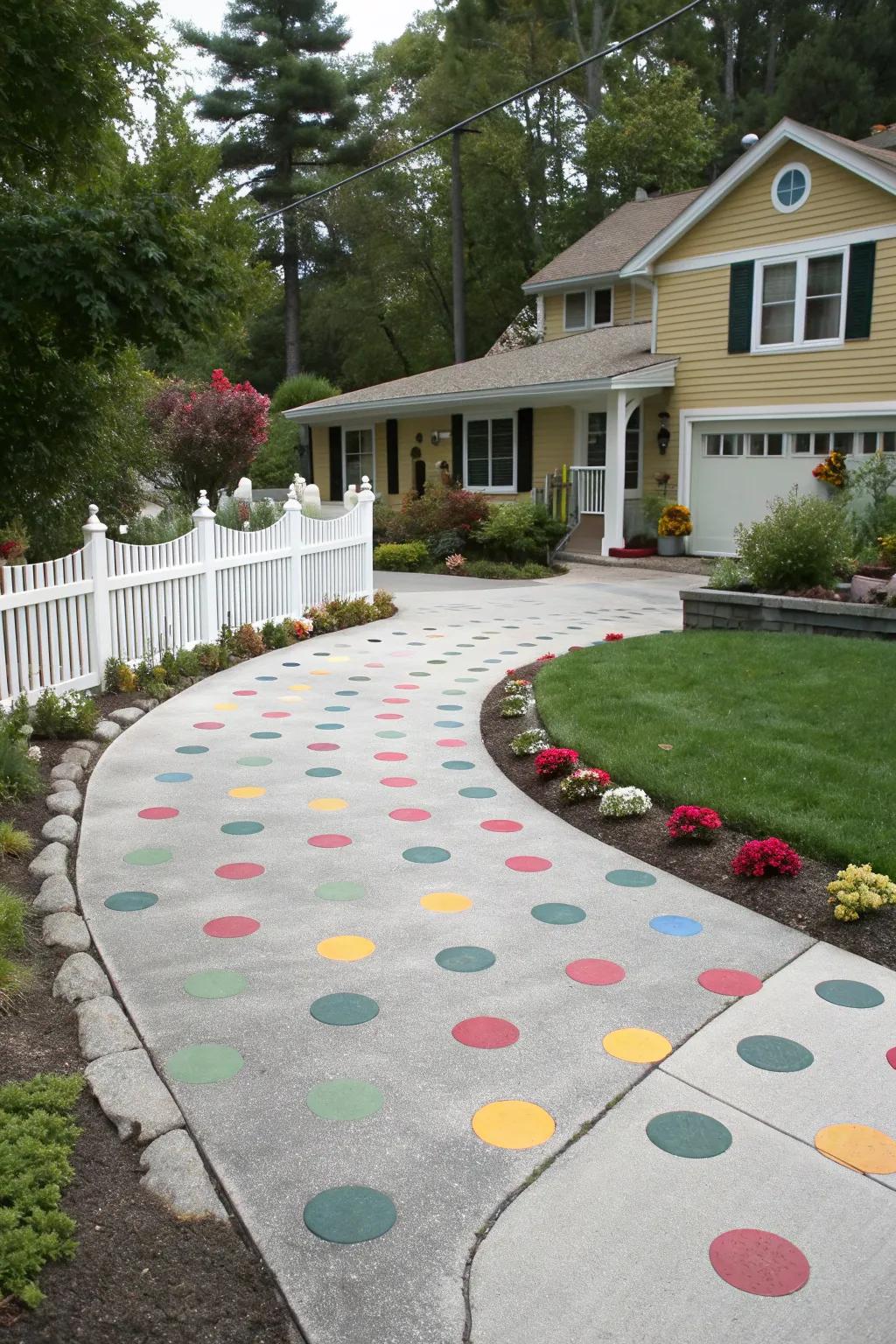 A driveway with a fun and playful polka dot pattern.