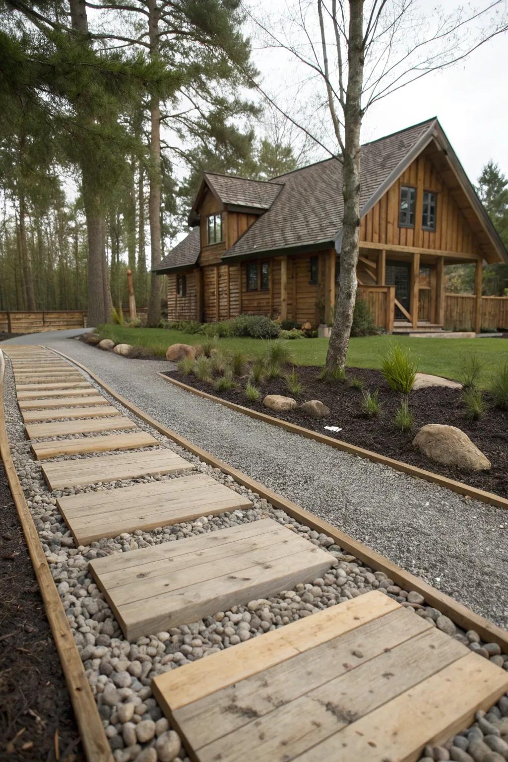 Timber accents introduce a rustic charm to driveway designs.