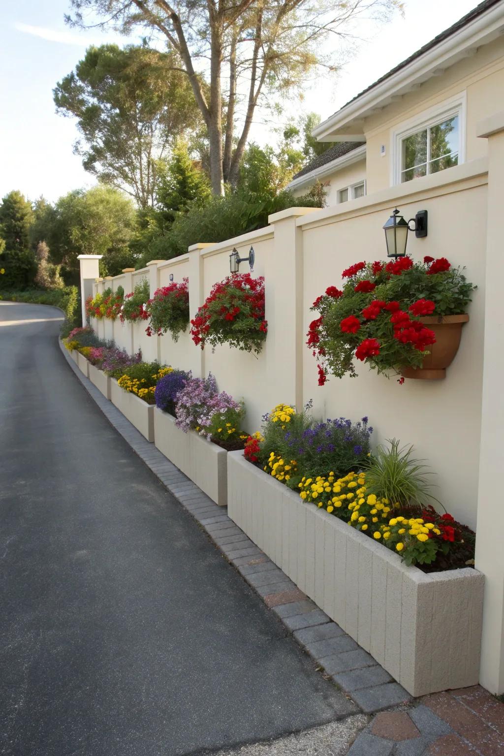 A driveway wall with built-in planters filled with colorful flowers.