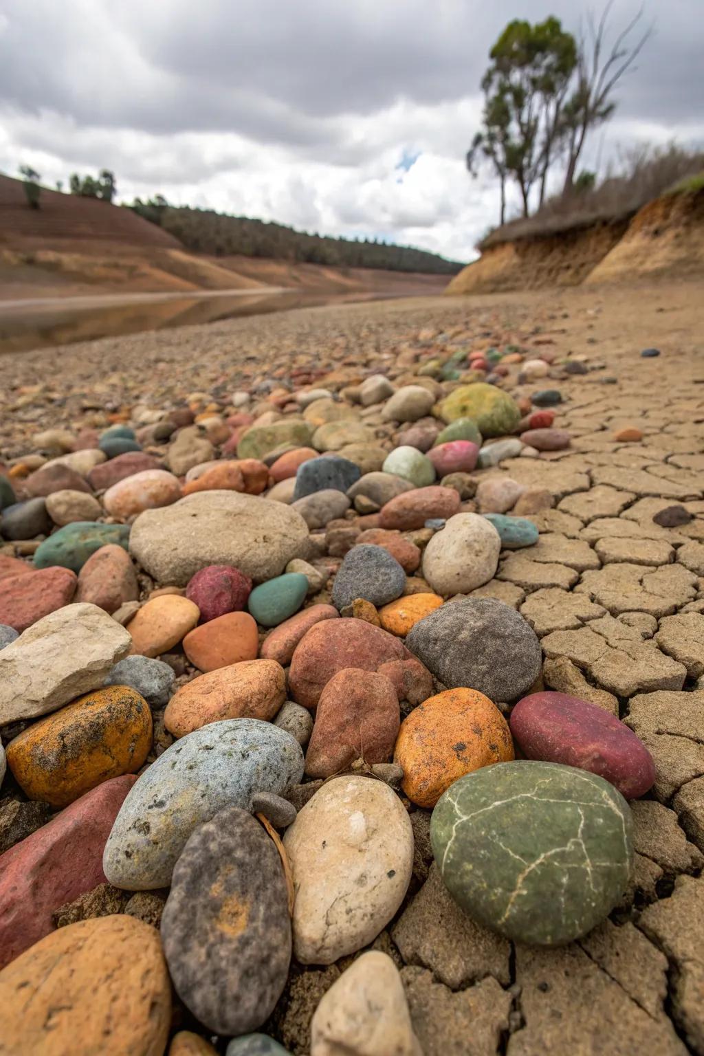 A mix of colorful stones creates a vibrant and eclectic dry pond.