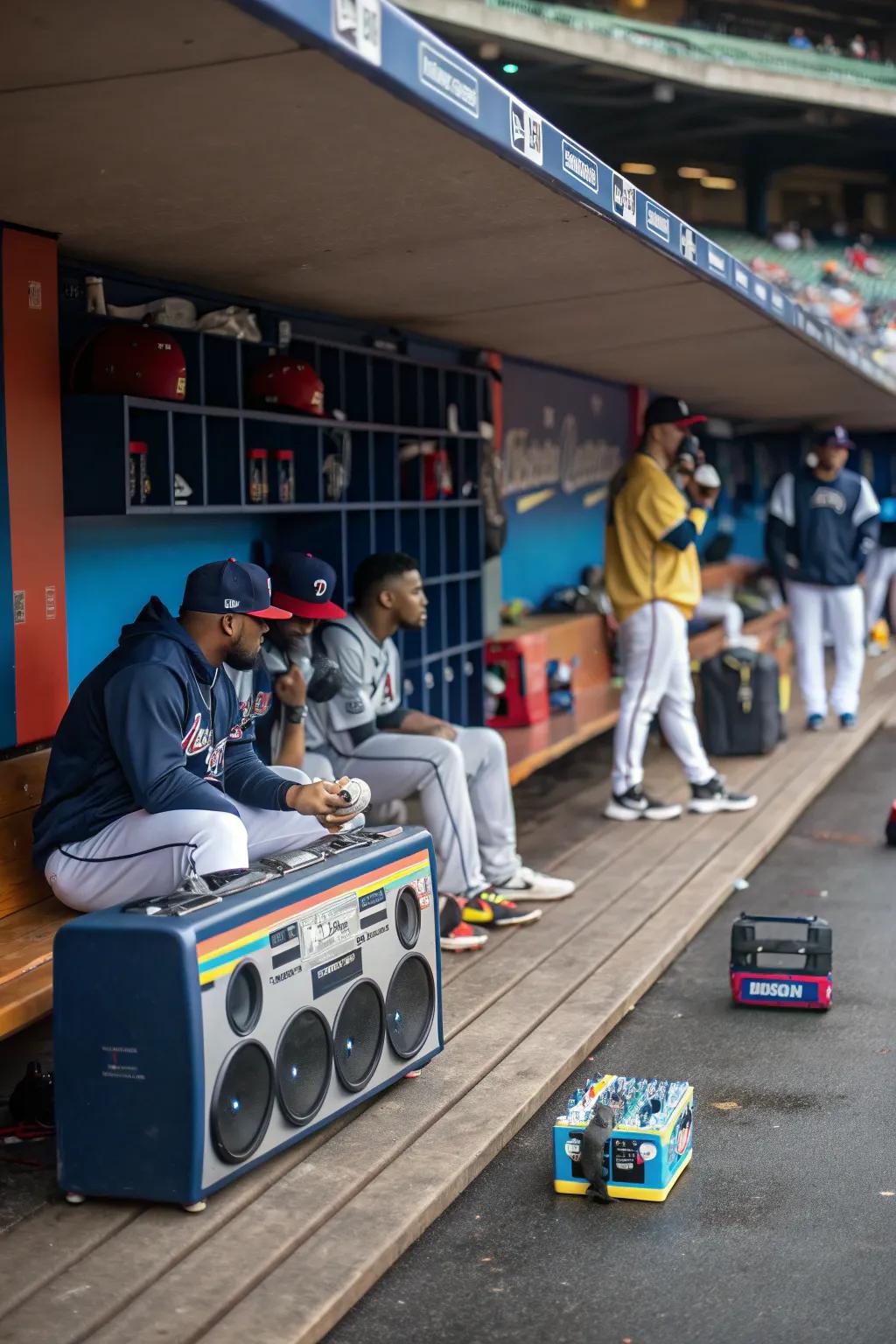 Music fills the dugout, energizing the team for the game.