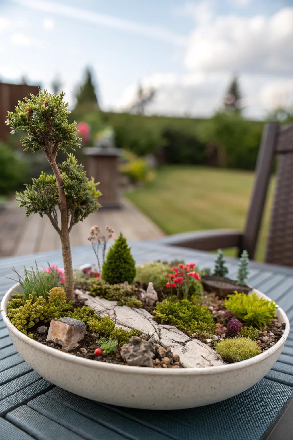 A whimsical miniature garden scene adding charm to outdoor spaces.