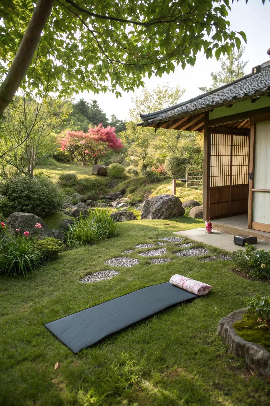 A dedicated space for meditation enhances garden tranquility.