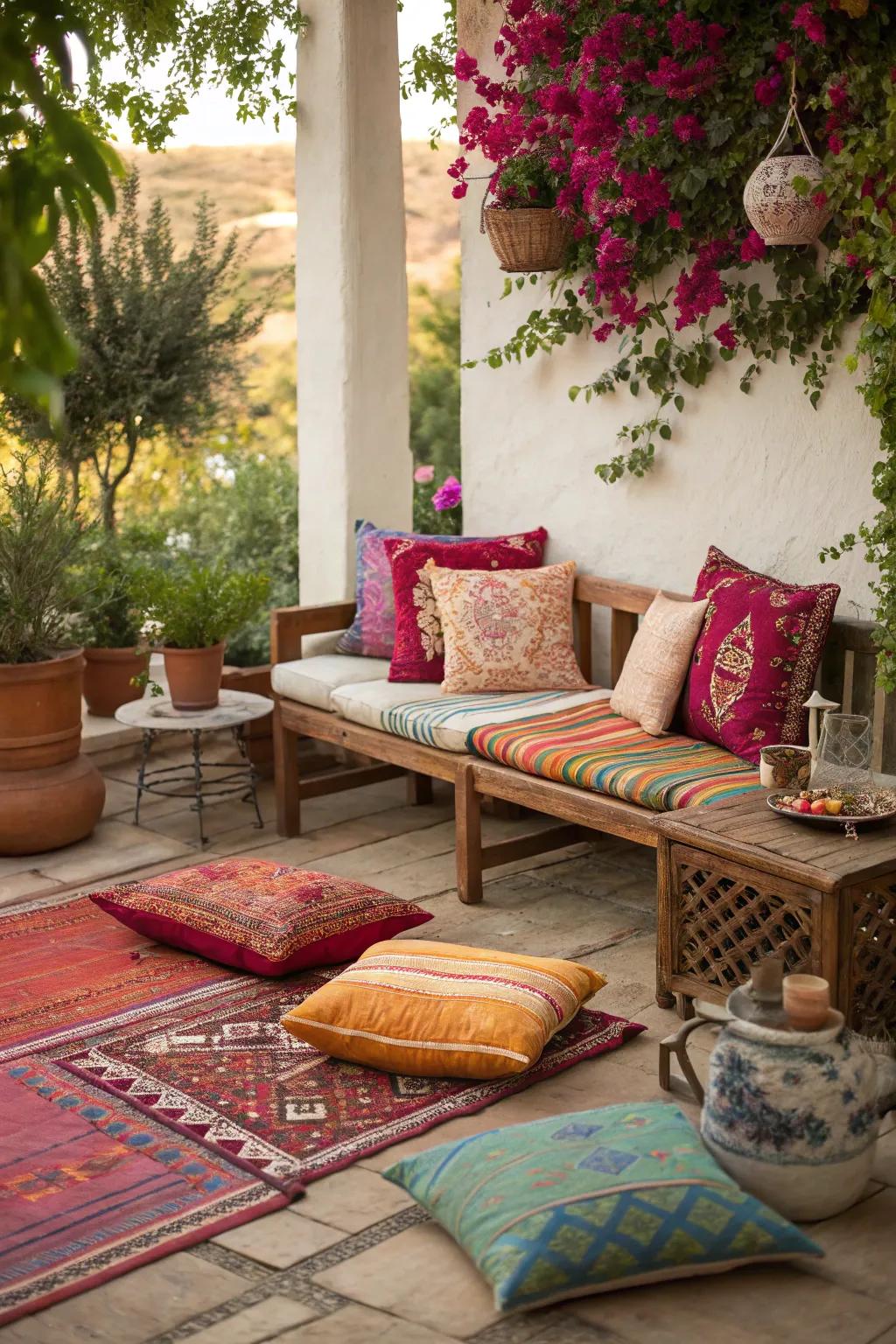 Layered textiles create a warm and inviting seating area in the garden.