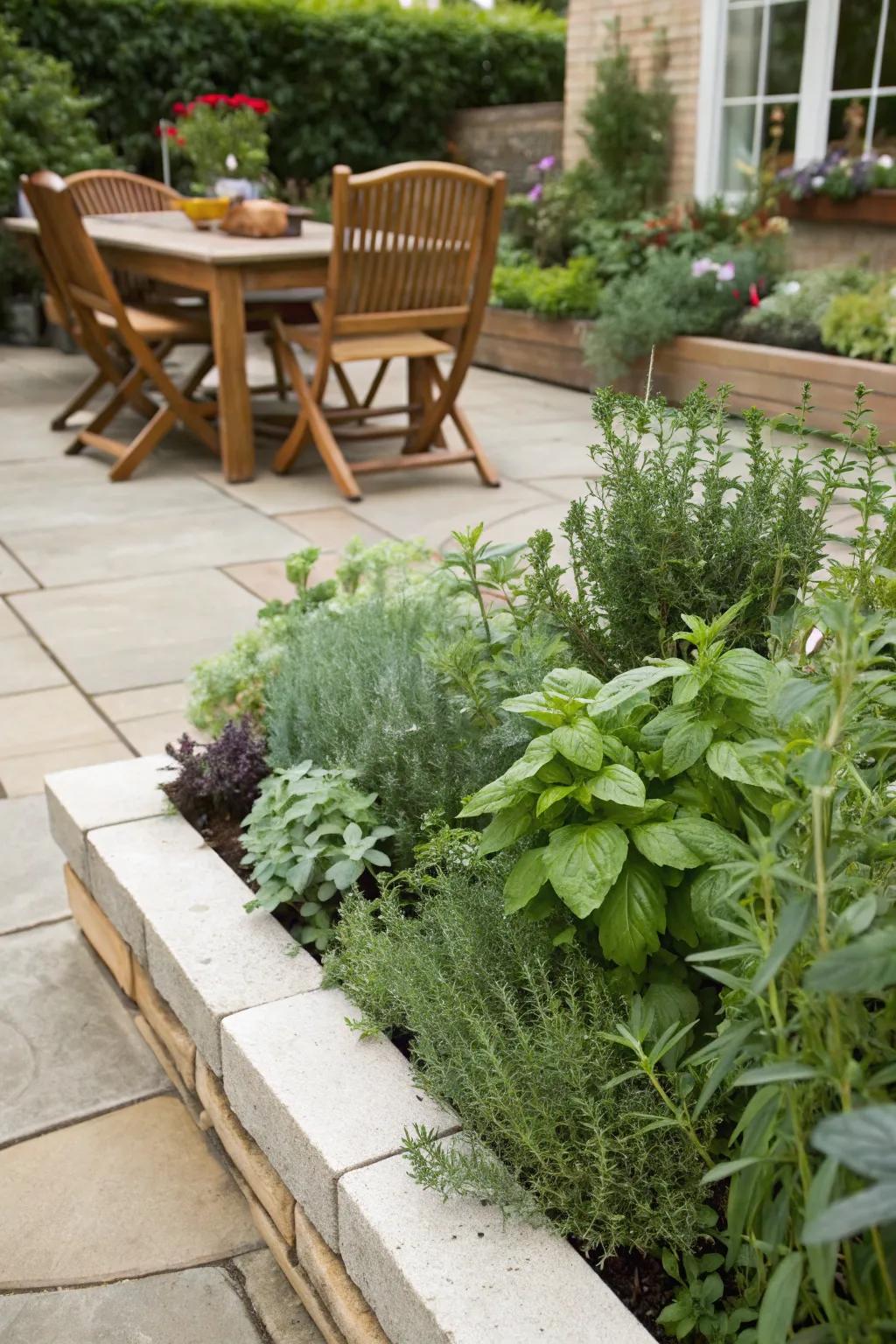 A patio bordered by a lush herb garden, offering practical and aromatic benefits.