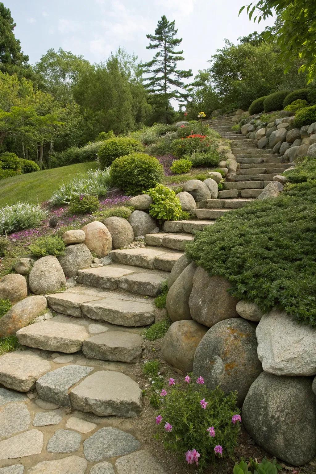 Egg rocks add dimension with terraces or steps.