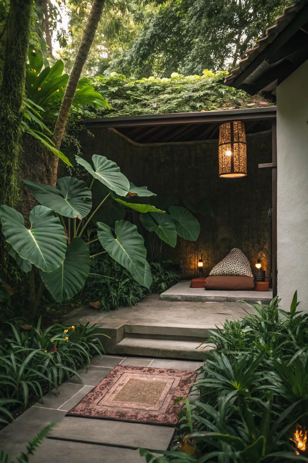 Find peace in a tranquil meditation spot embraced by elephant ears.