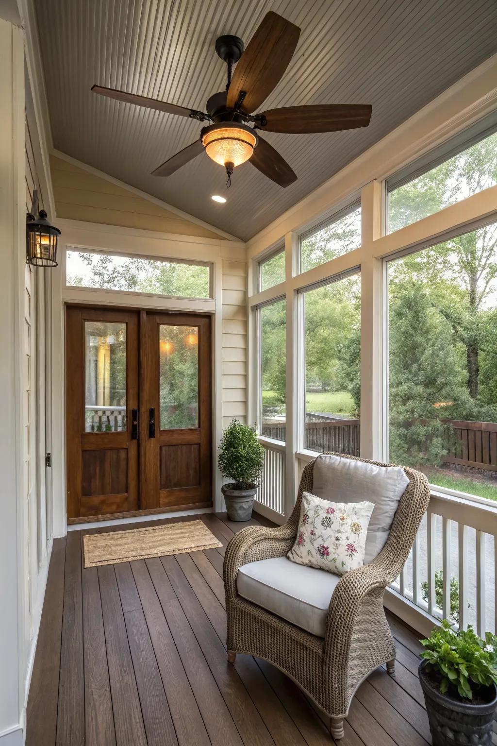 A stylish ceiling fan adds comfort to a small enclosed porch.