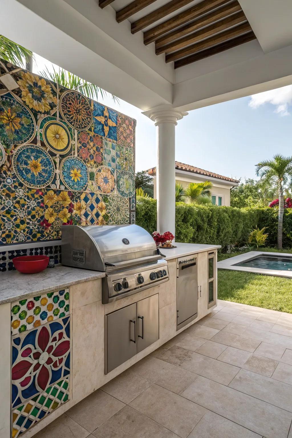 An artistic tile backsplash adds color and personality to this kitchen.