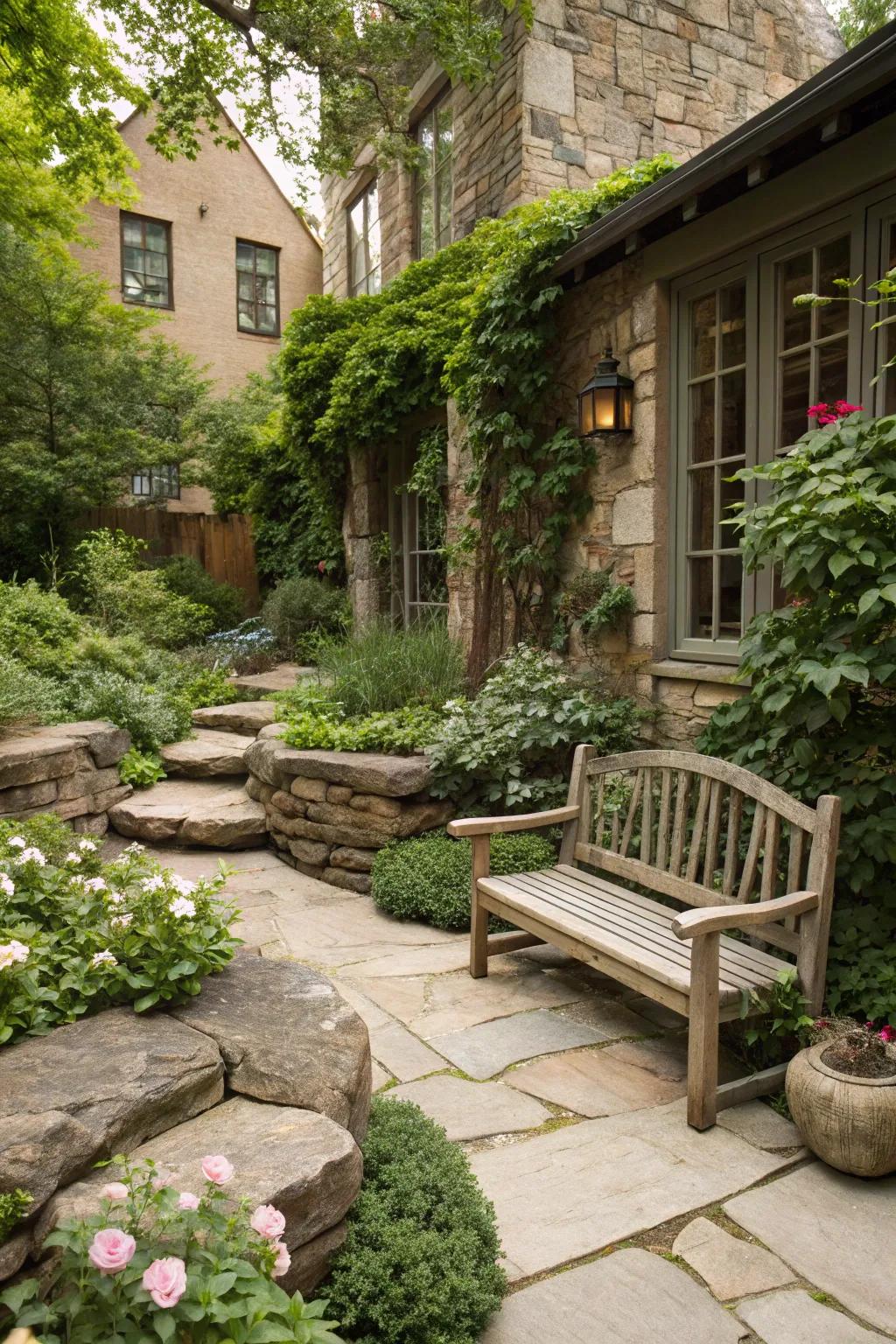 Natural stone features add rustic charm and durability.