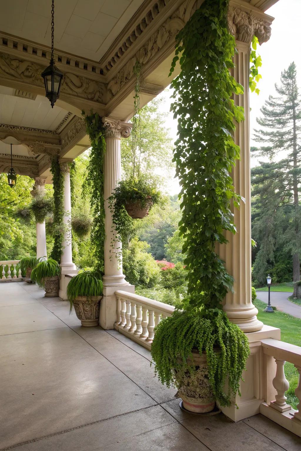 Columns with planters add a touch of nature.