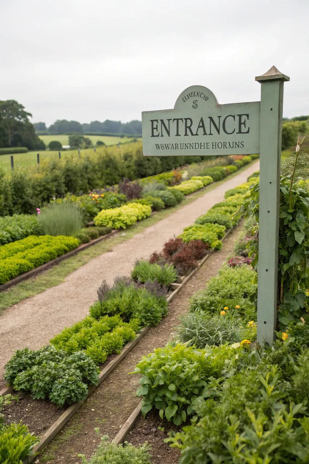 Edible herbs adding scent and utility to the entrance sign landscape.
