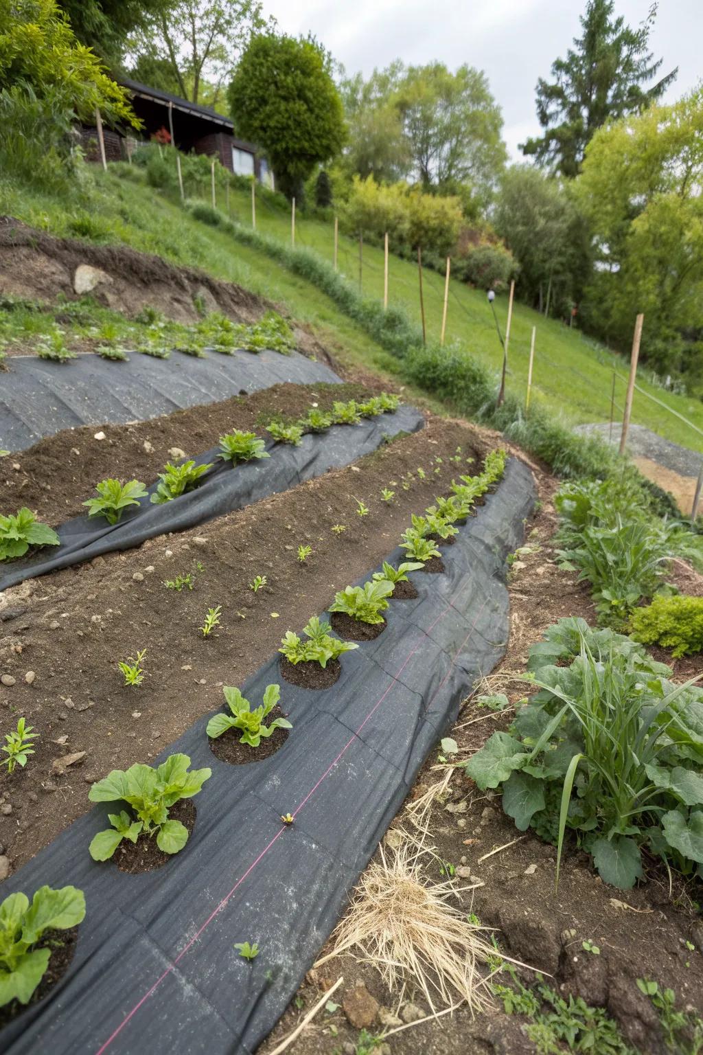 A garden slope supported by geotextiles, aiding in erosion control.