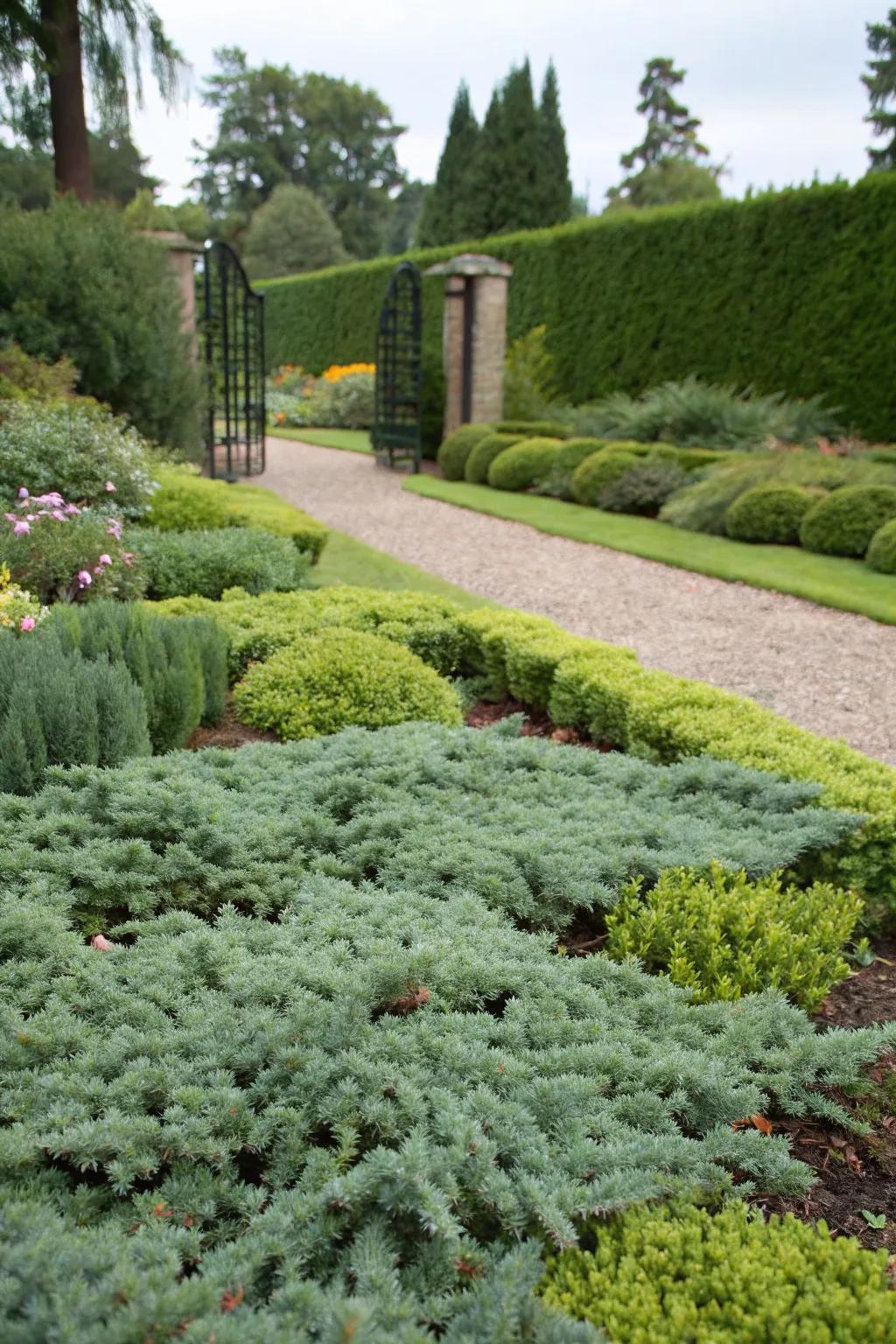 Creeping juniper forms a dense ground cover.