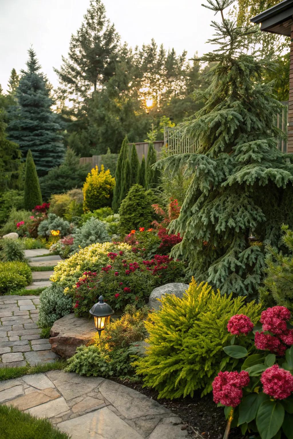 A mix of evergreen and seasonal plants for a dynamic year-round garden.