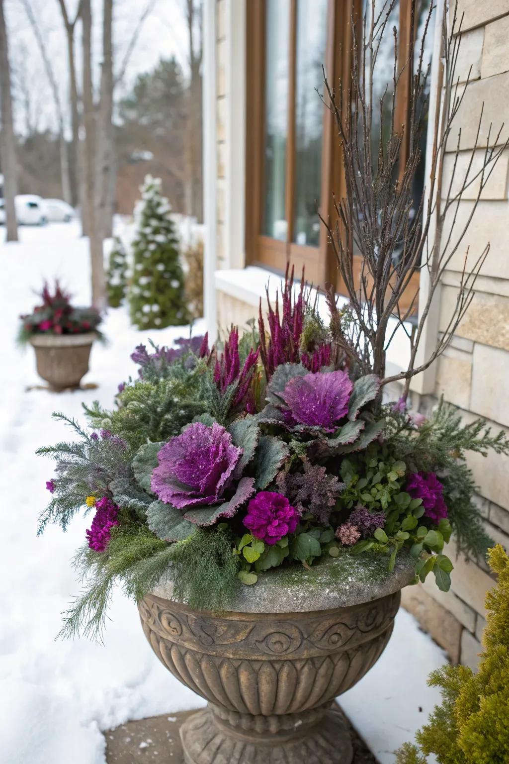 Purple accents provide a bold, unexpected twist.