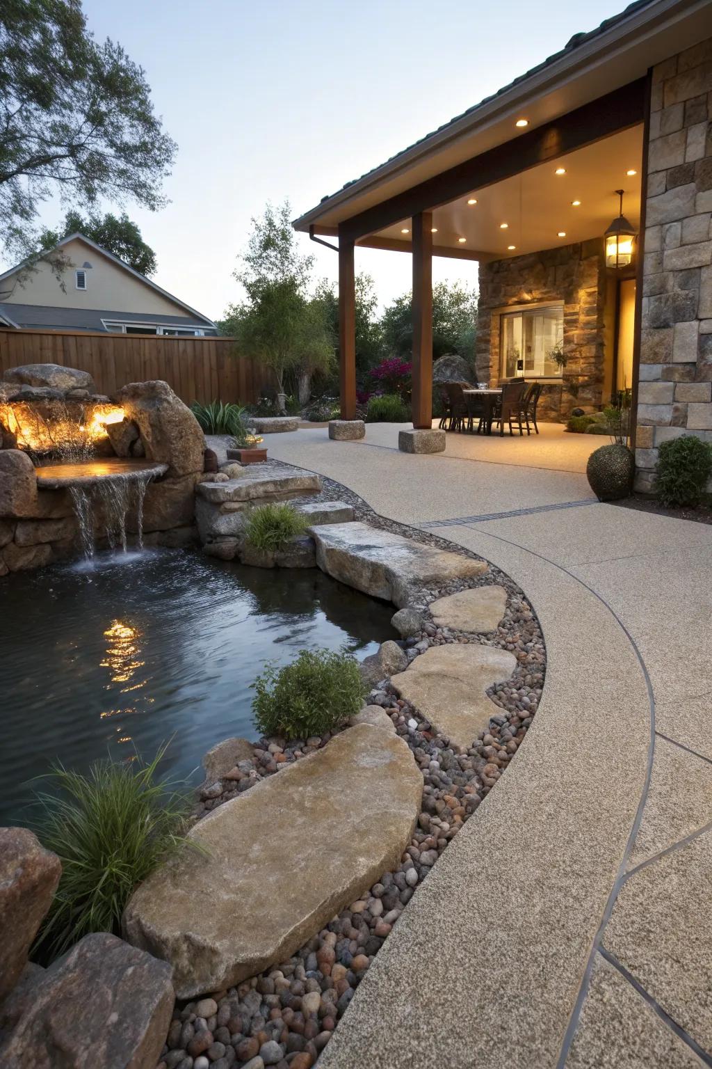 Water features add tranquility to aggregate patios.