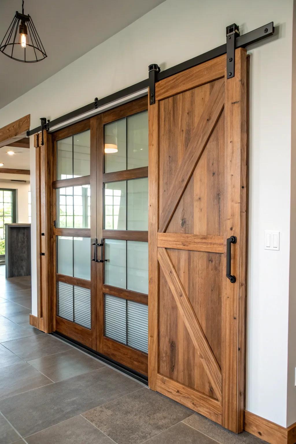 Unique and modern mixed material barn door.