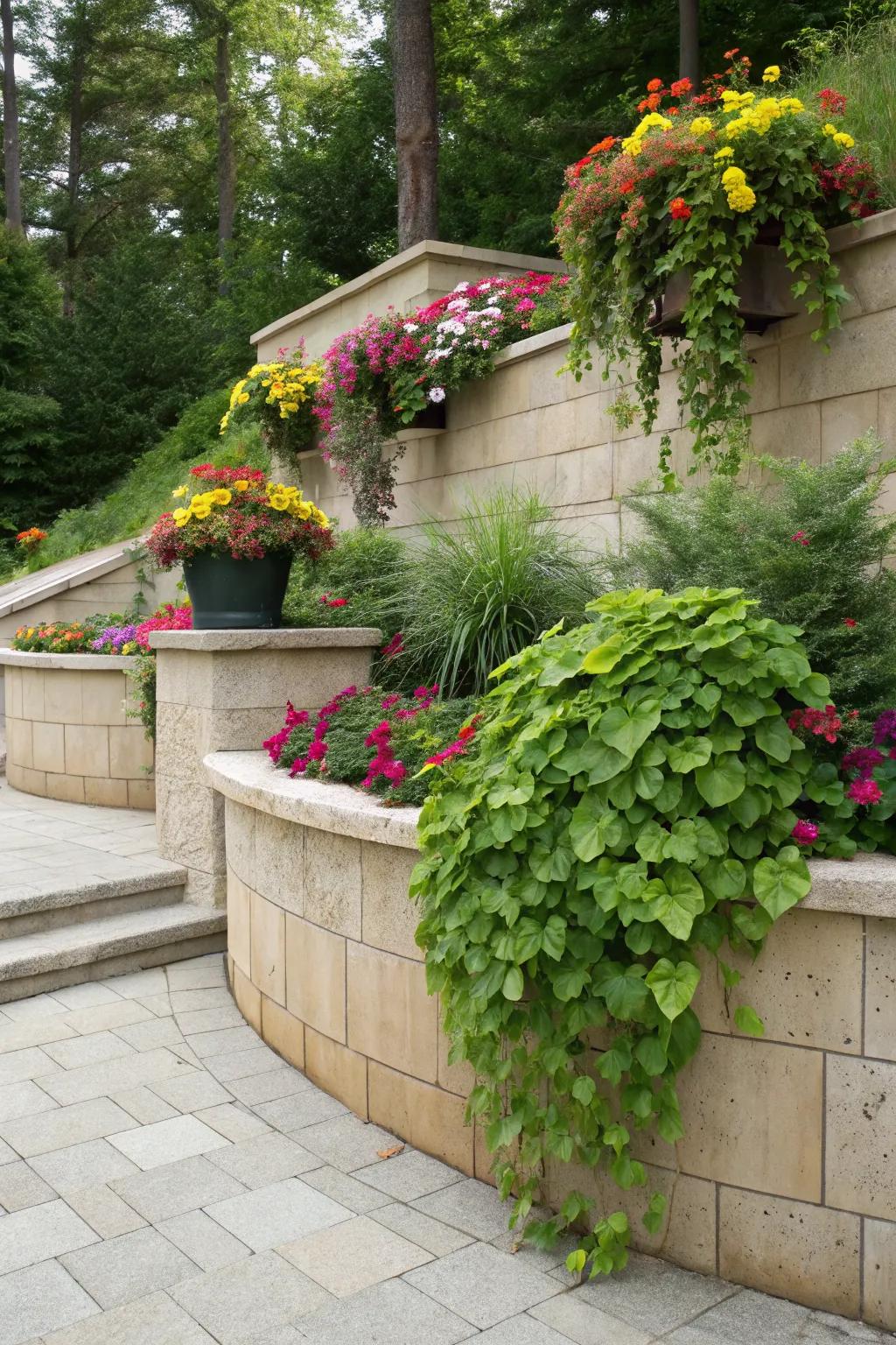 A retaining wall with planters adds greenery and coverage.