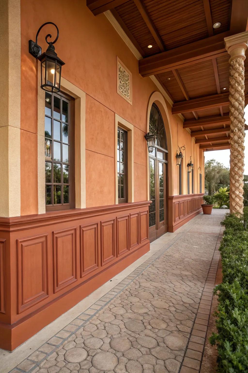 Terracotta wainscoting adds warmth and an earthy charm.
