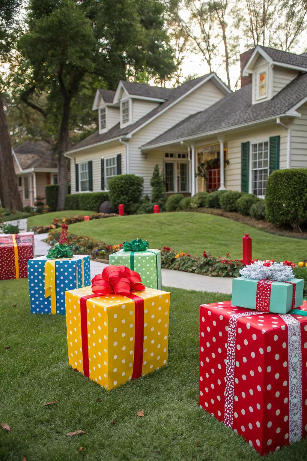 Large gift boxes create a festive surprise around every corner.