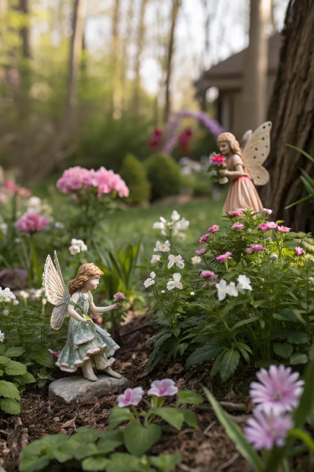 Unique fairy figurines adding character and stories to a whimsical garden.