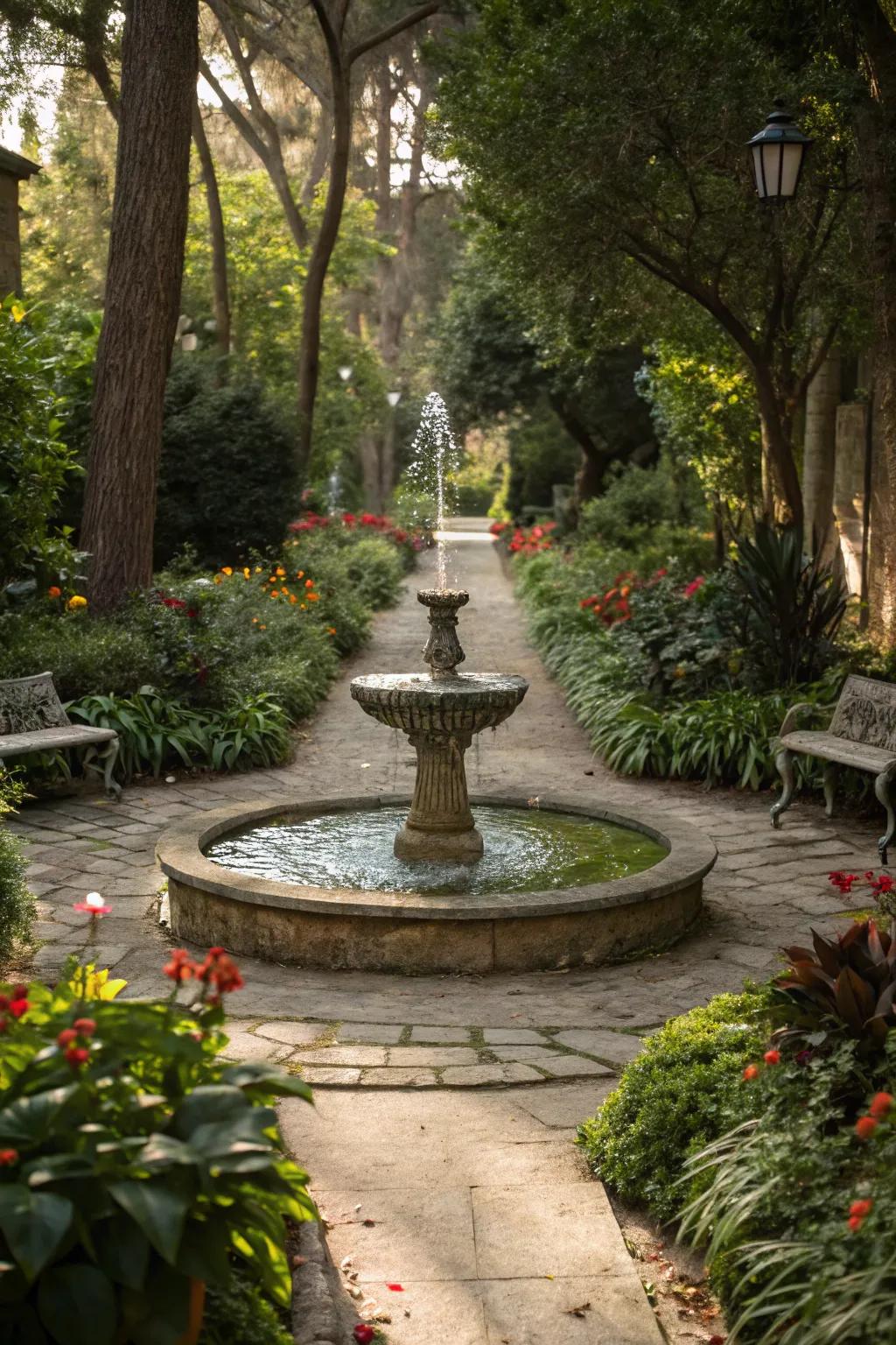 A soothing water feature like a fountain or birdbath adds tranquility to the garden.