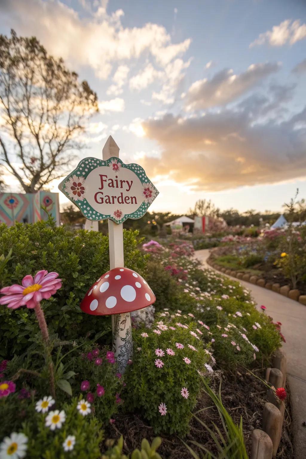 Fairy garden signs featuring playful patterns like polka dots and stripes.