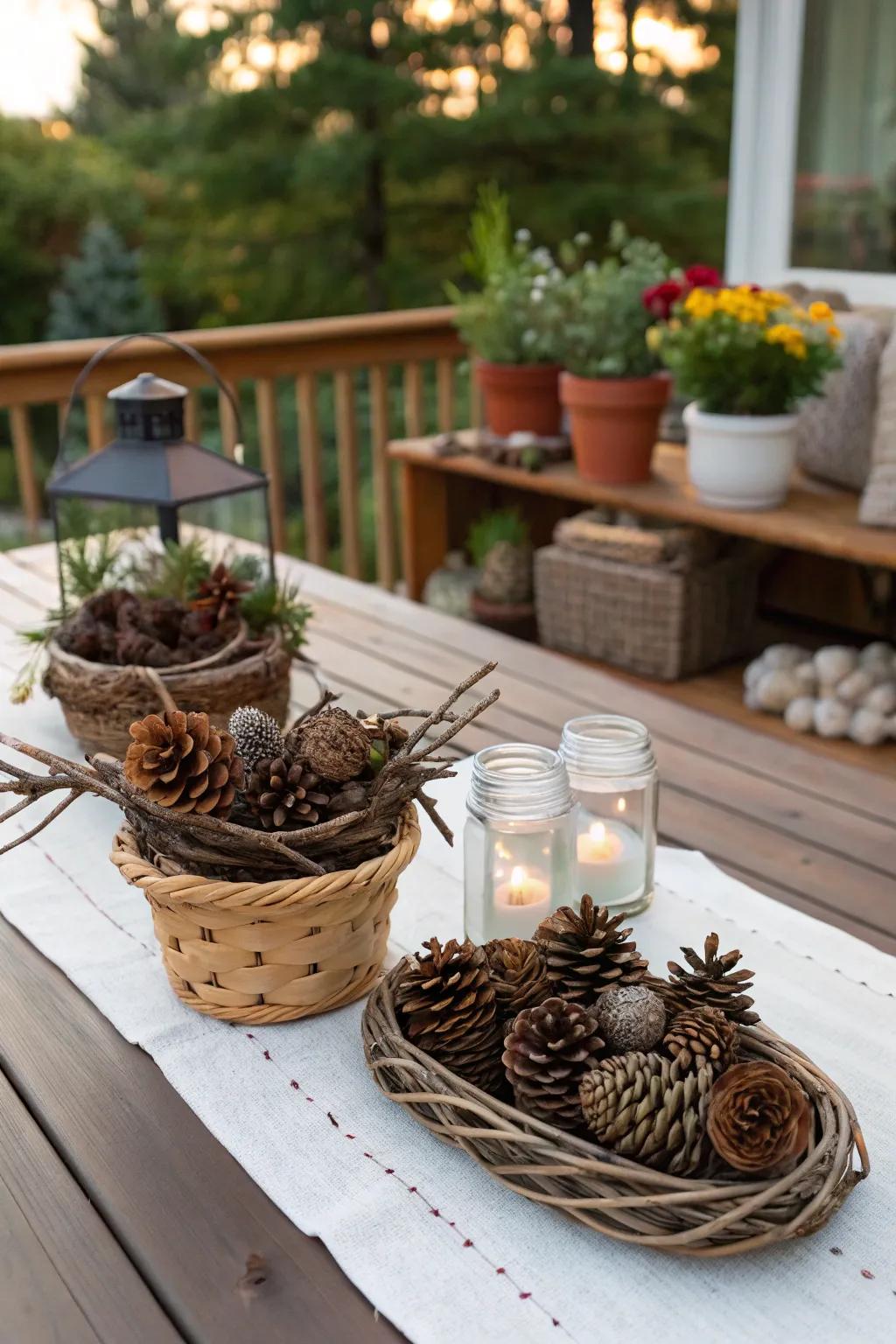 Natural centerpieces crafted from pinecones and twigs add a personal touch.