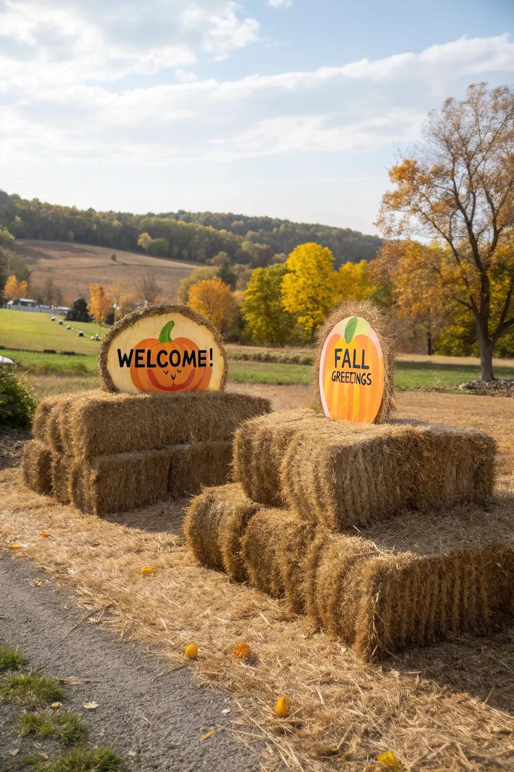 Seasonal signs add a personal touch to hay bale displays.