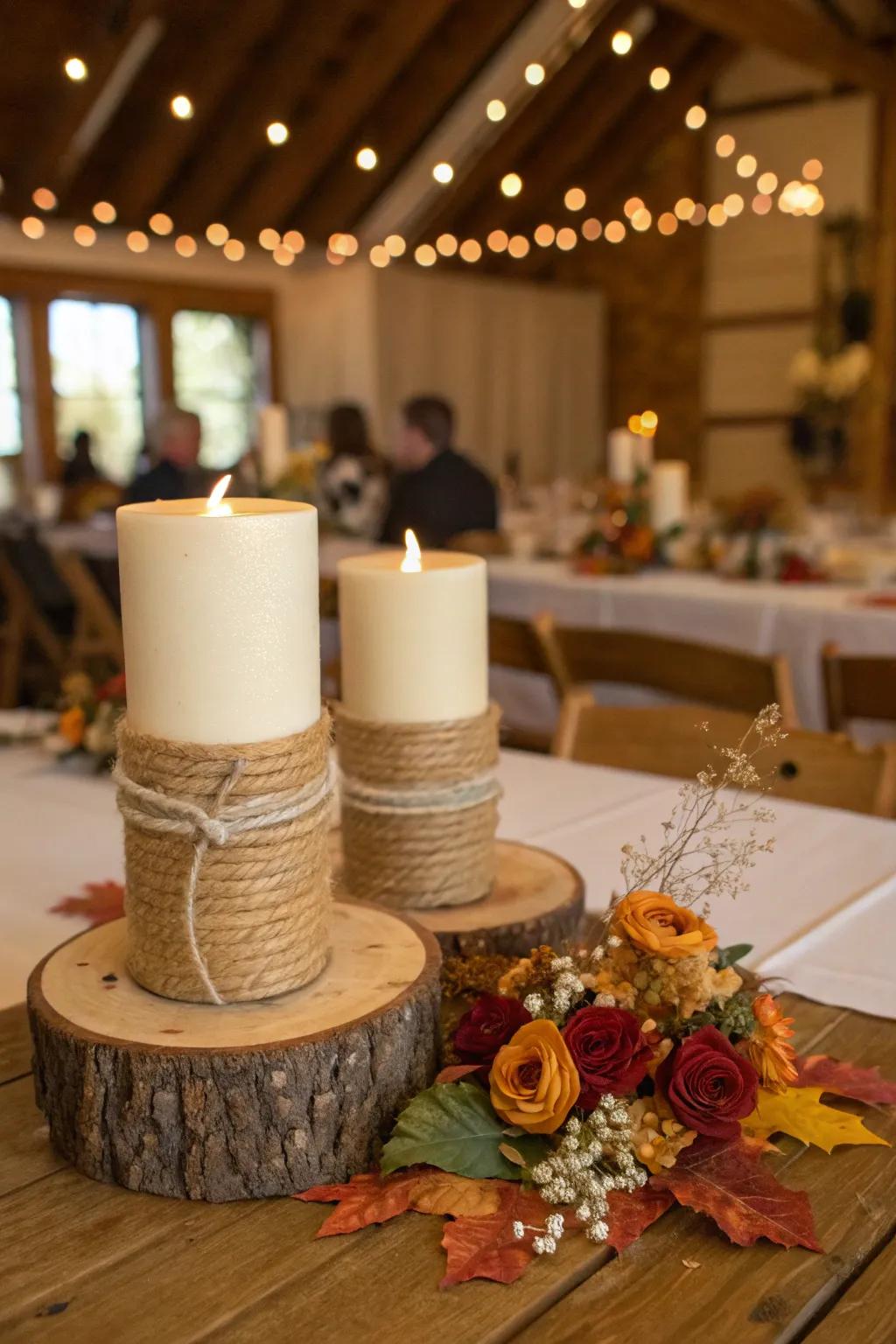 Bespoke rustic candle holders for a warm ambiance.