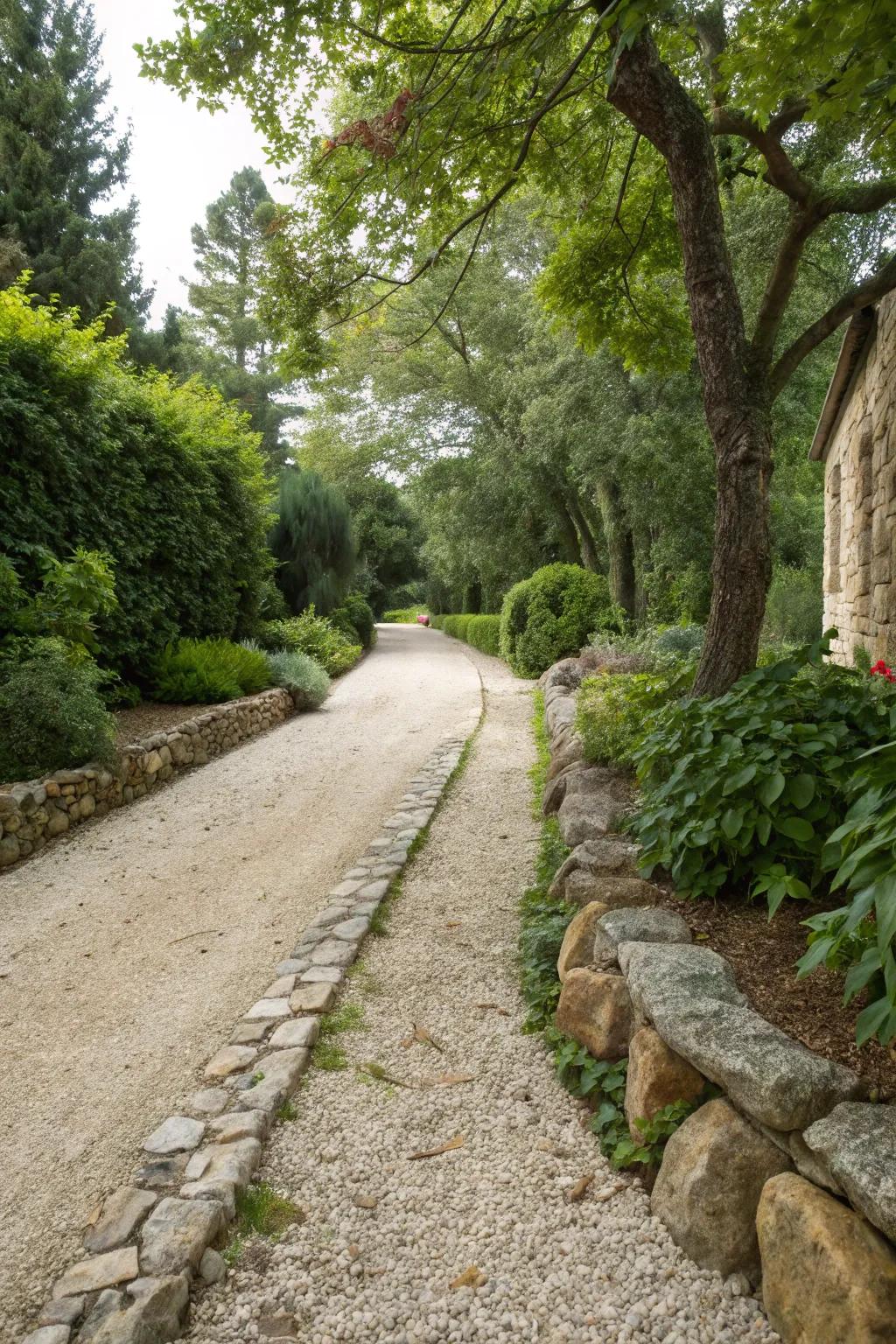 Natural stone borders providing structure and style to a driveway.