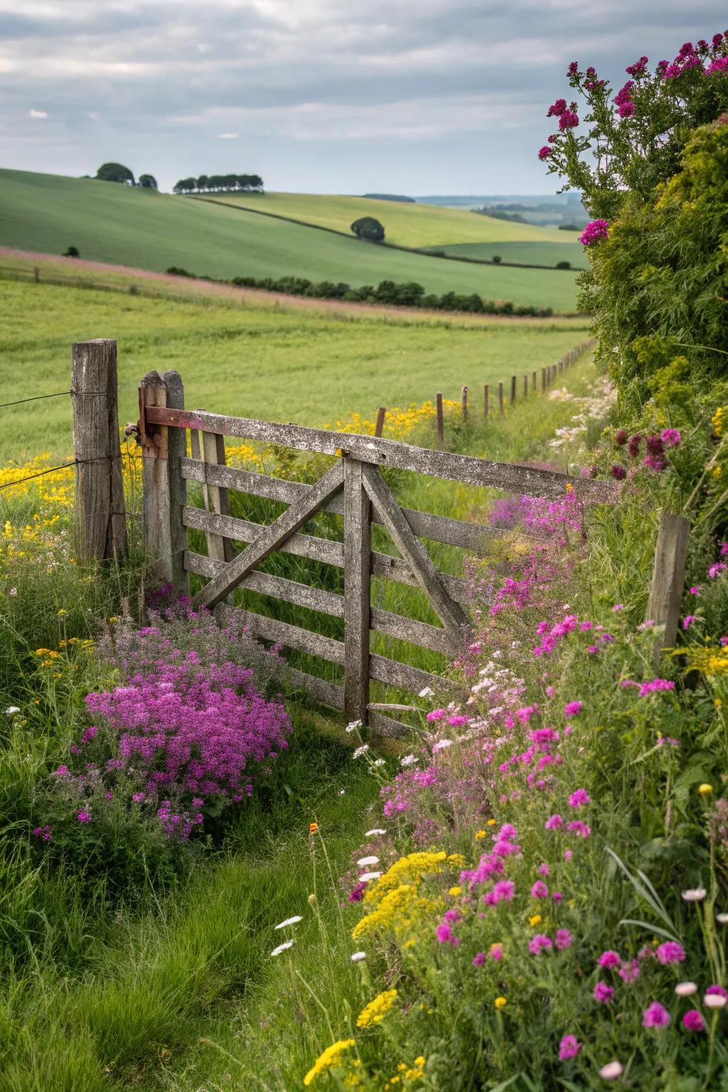 A gate framed by colorful wildflowers, offering a cheerful welcome.