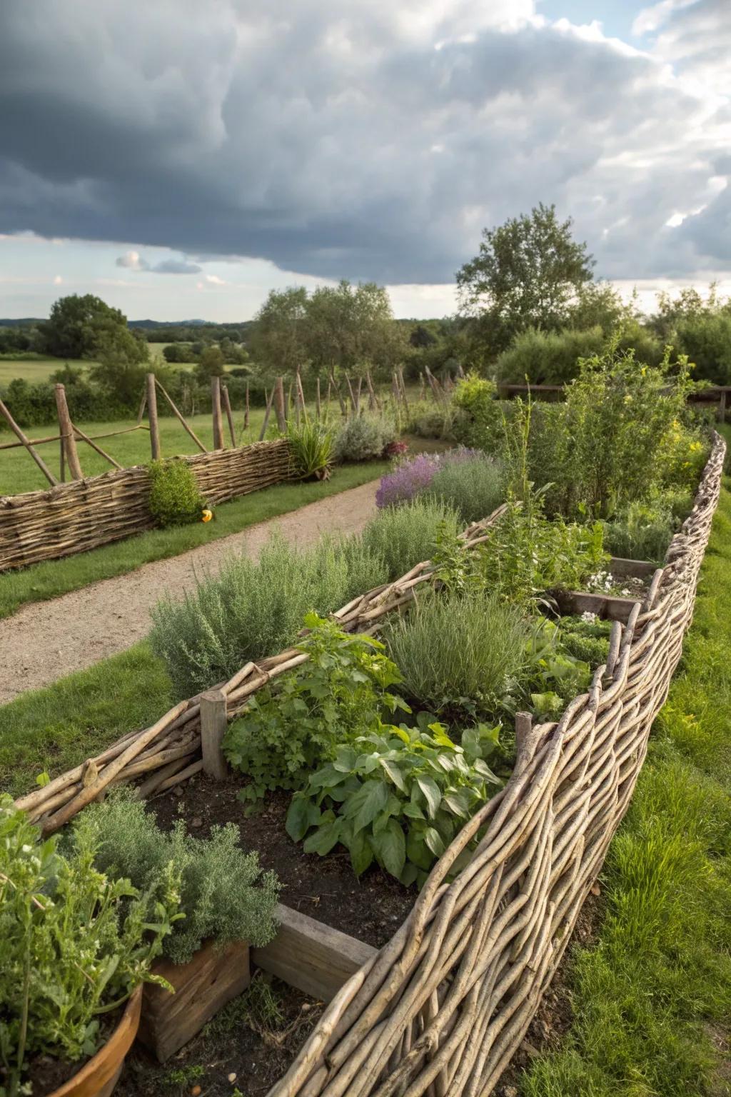 Willow branch fences add artisanal and rustic charm.