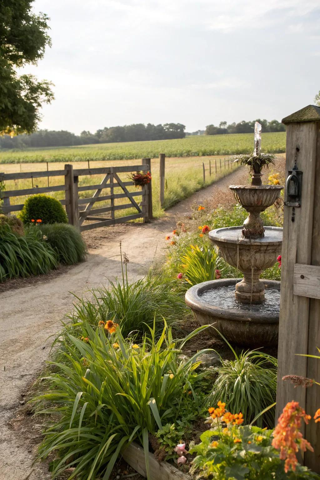 A water feature near the gate adds a soothing and unexpected element to the entrance.