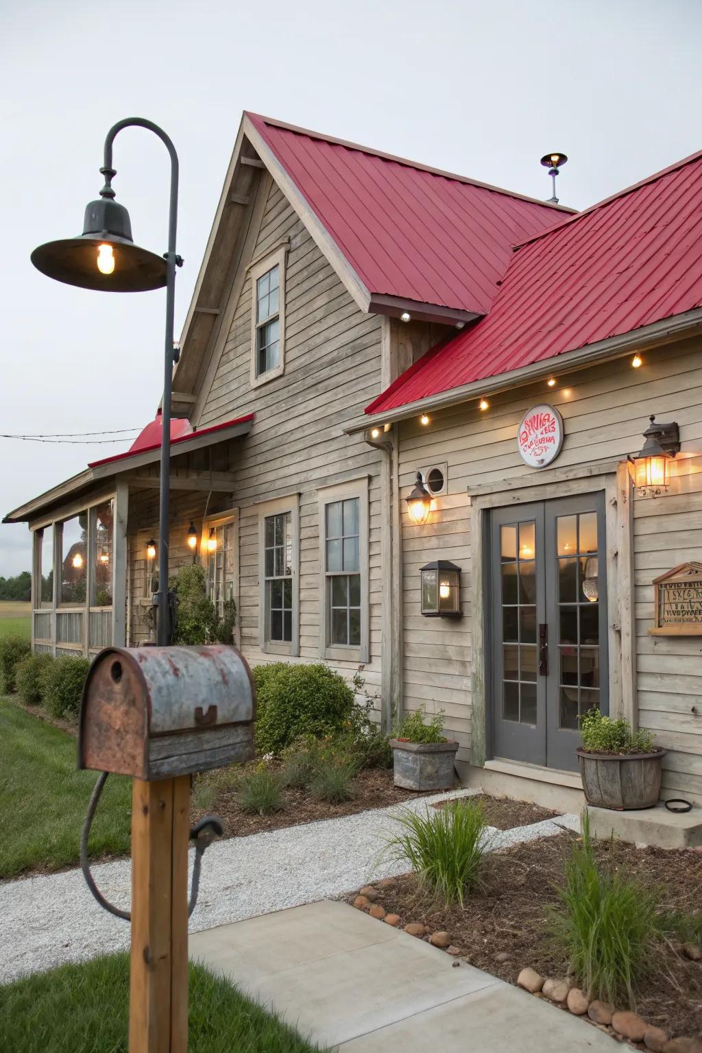 Mixing modern and vintage elements creates a unique and striking farmhouse facade.