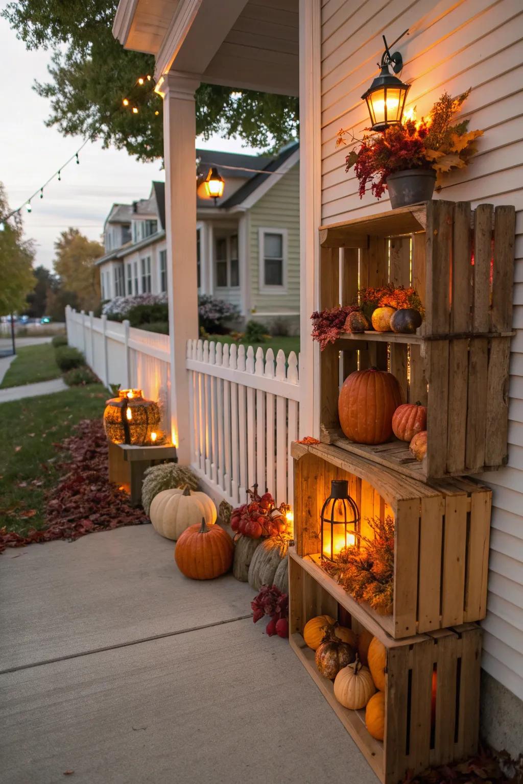 Wooden crates provide rustic, functional decor.