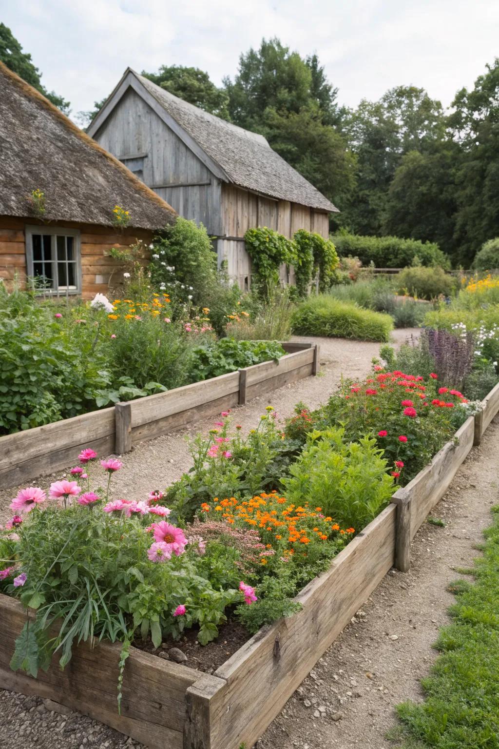Reclaimed wood edging adds a sustainable and rustic touch to this farmhouse garden.