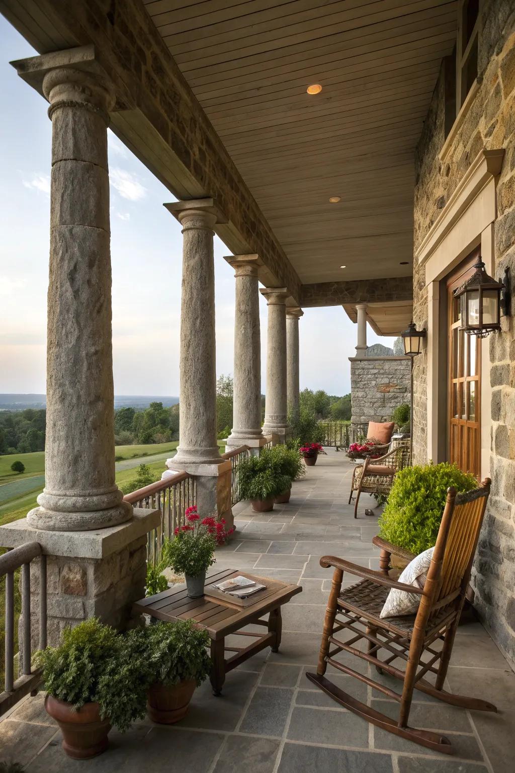 Tall columns create a sense of height and elegance on the porch.