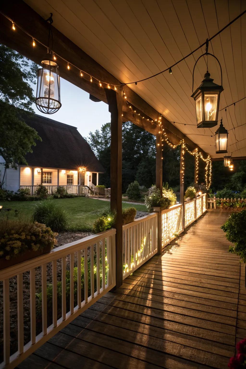 Strategically placed lights cast artistic shadows on your porch.