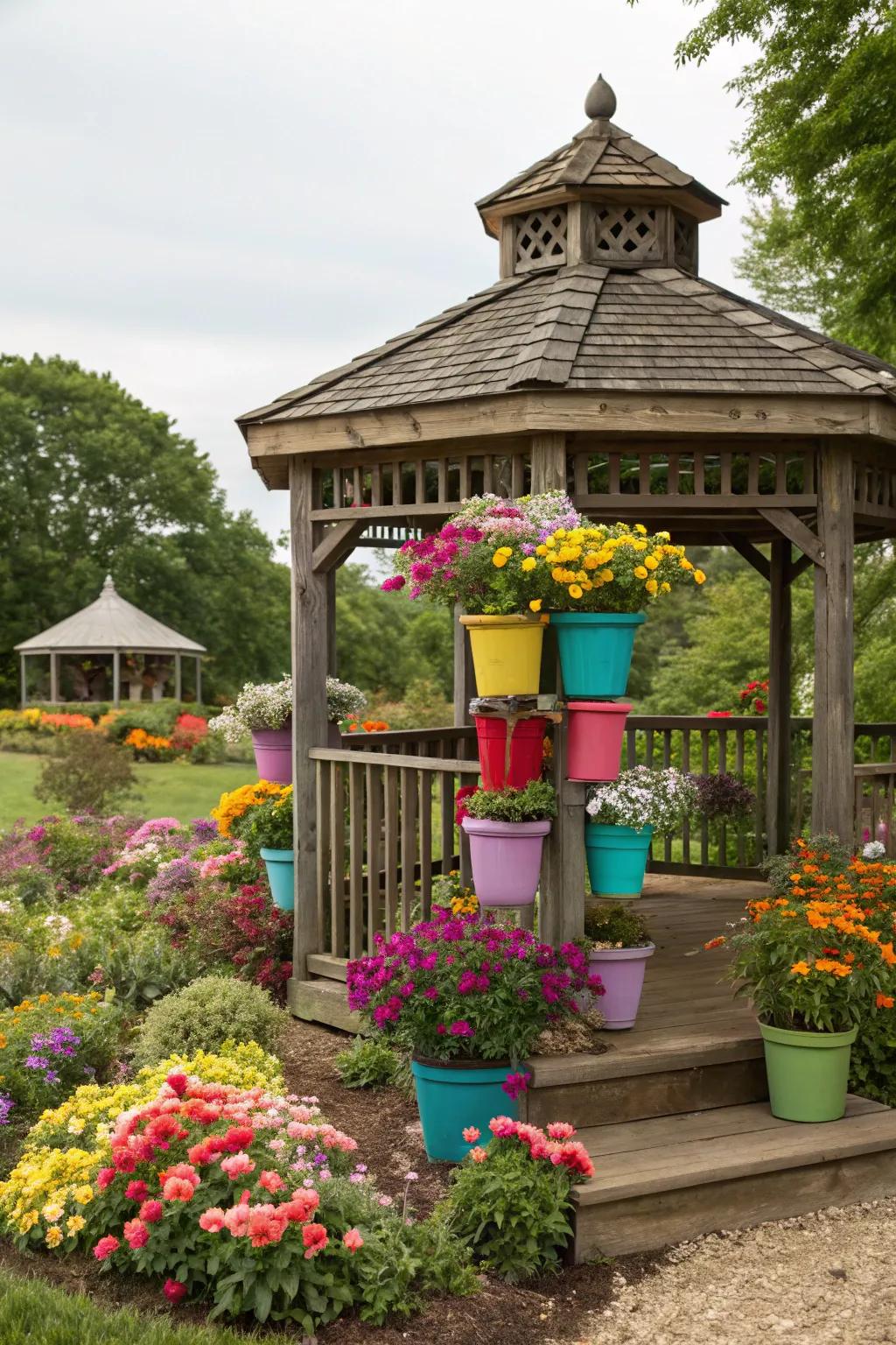 Colorful planters bring vibrancy and life to this charming gazebo.