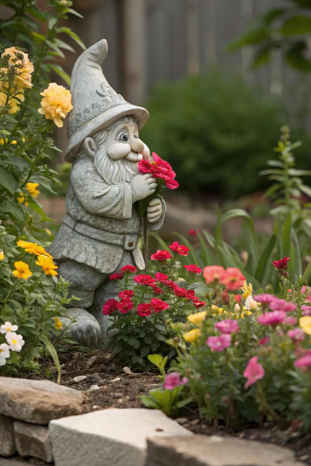 Eclectic garden statues adding whimsy and charm.