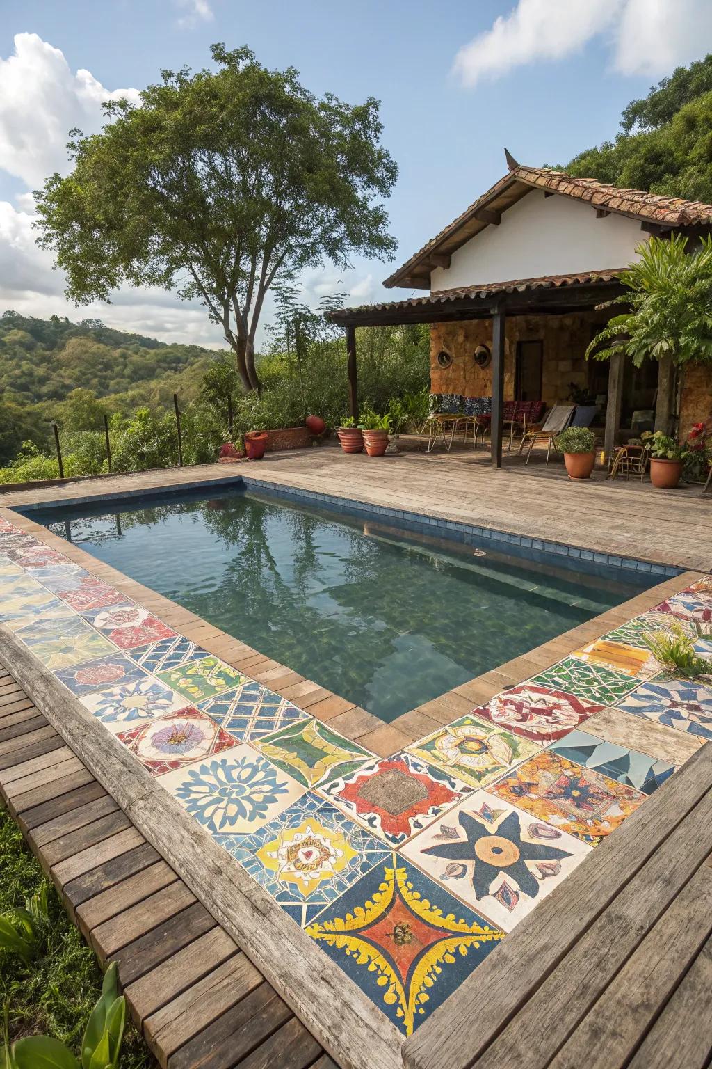 Colorful tiles bring personality and flair to a farmhouse pool.