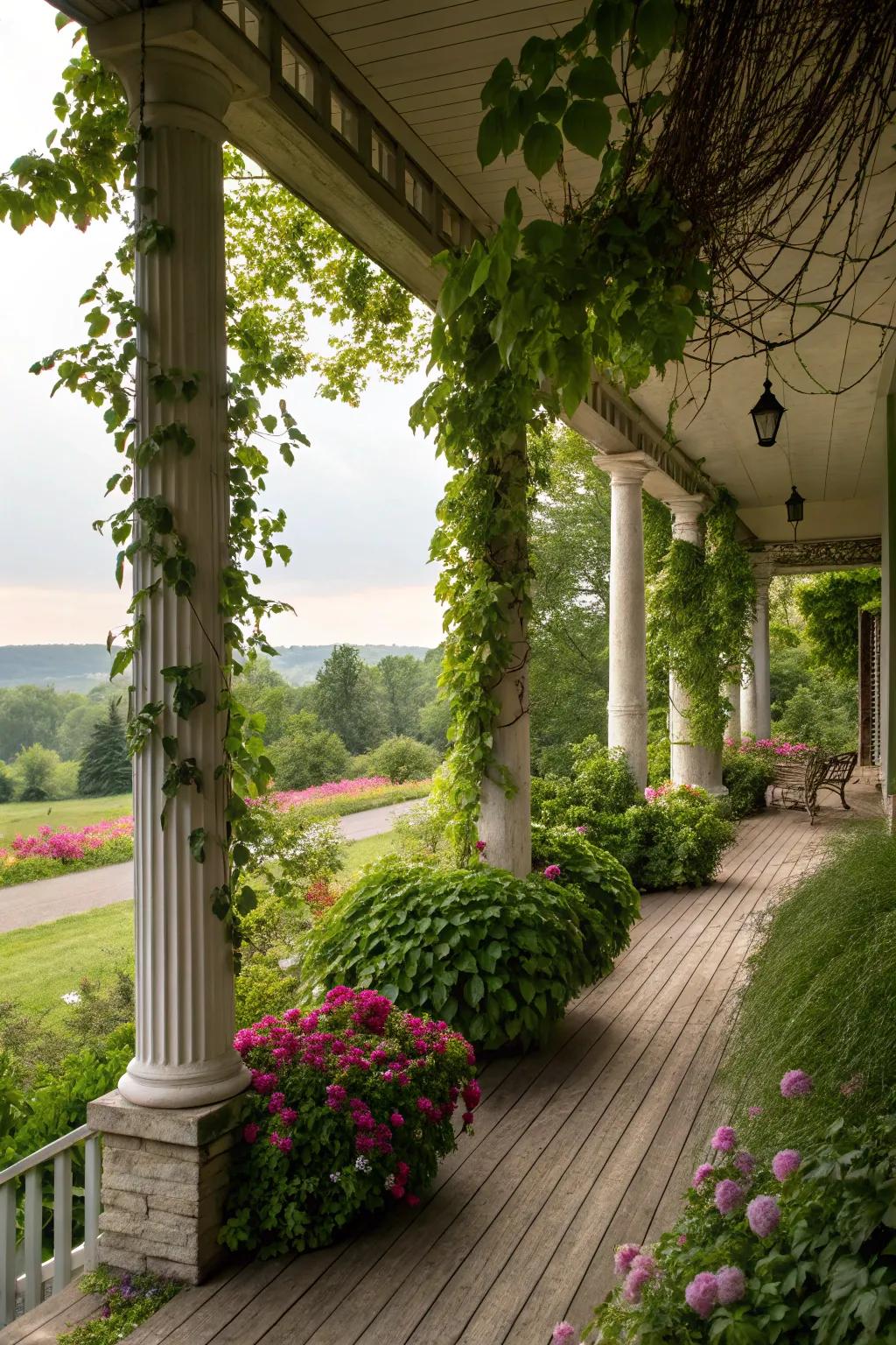 Greenery garlands transform the porch into a garden-like retreat.