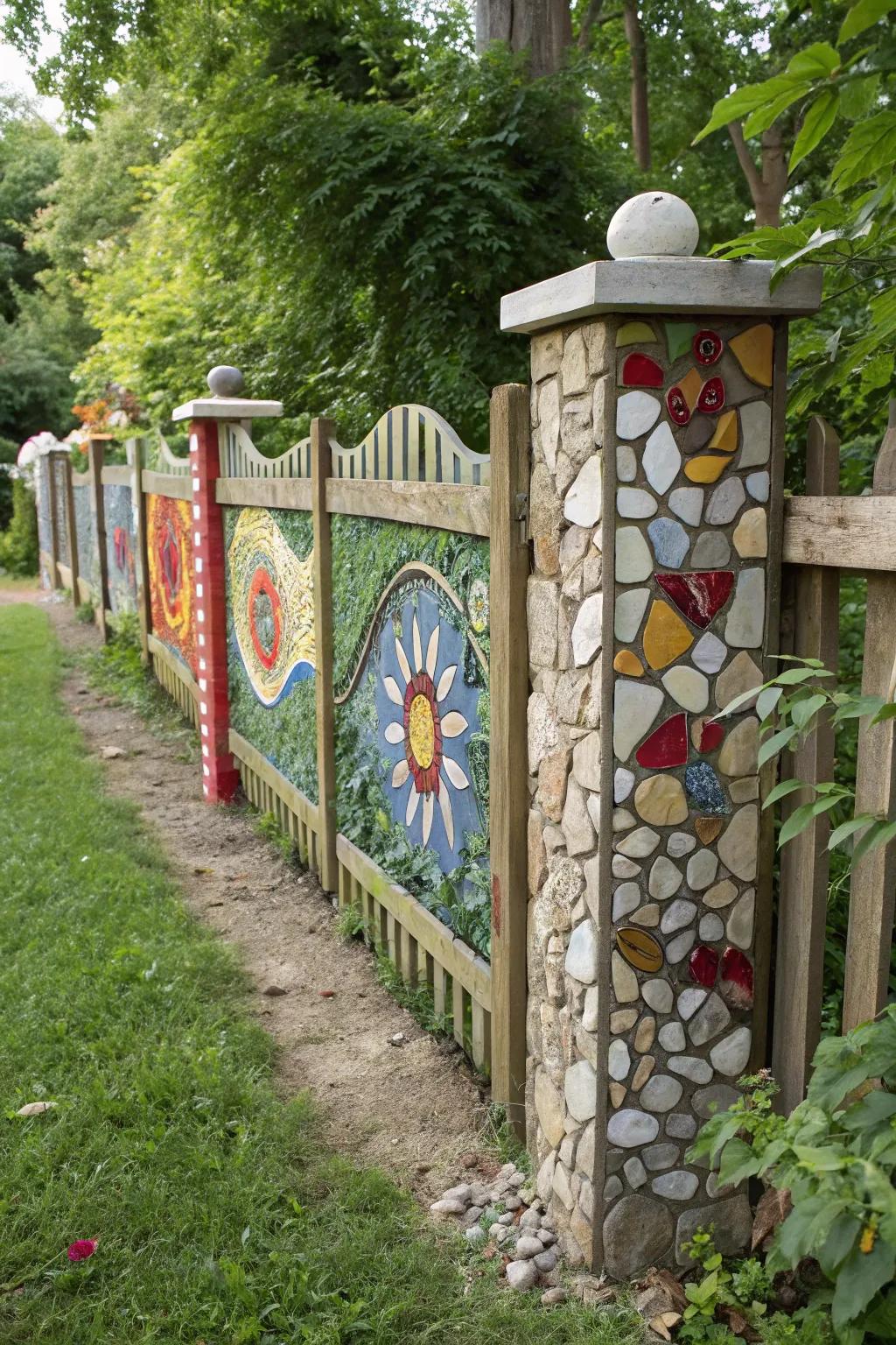 A vibrant mosaic transforming a garden fence into an artistic masterpiece.